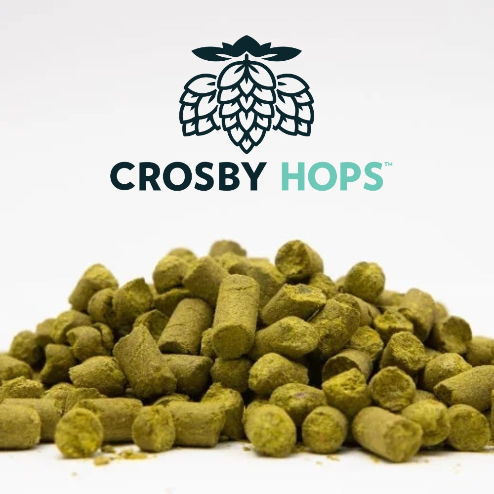 Pile of green hops with Crosby Hops logo above on a white background