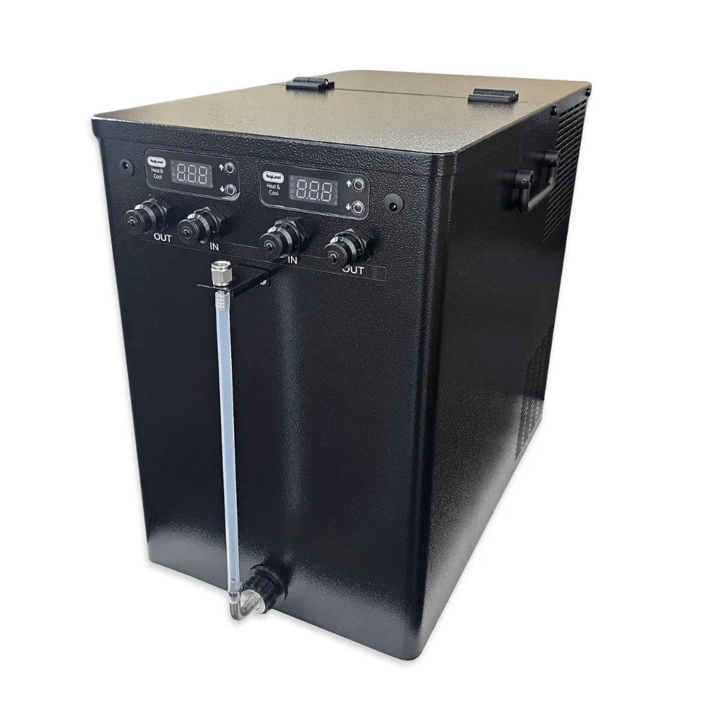 Black water filtration system with digital display on a white background