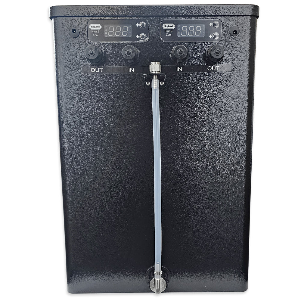 Black water filter system with digital display and hoses on a white background