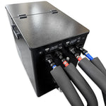 Black electronic device with multiple ports and cables on a white background