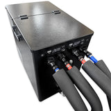 Black electronic device with multiple ports and cables on a white background